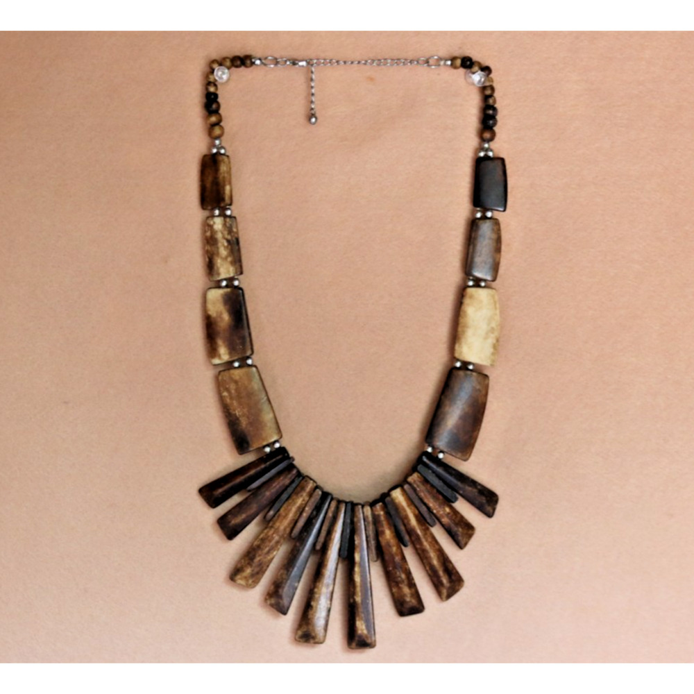 Tribal bone bib necklace Earthy 23"